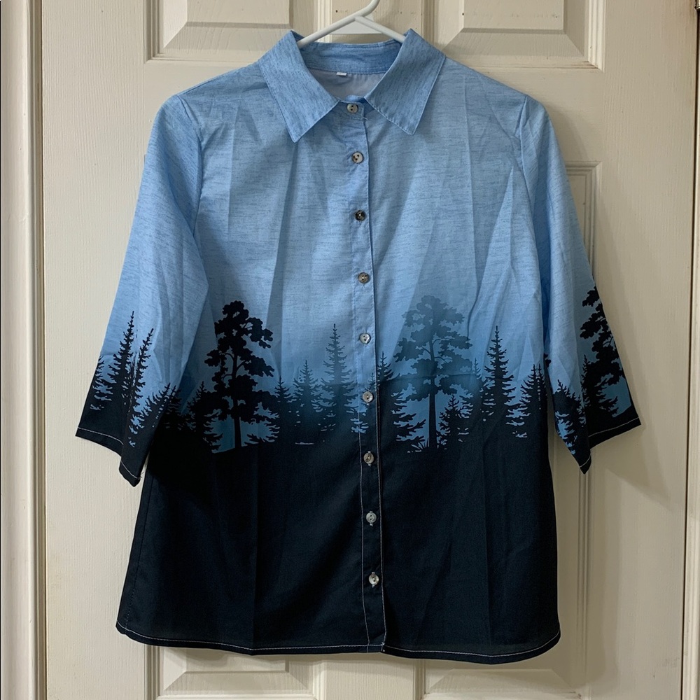 🌷3 for $25🌷Unbranded, US M, Blue & Black Tree Print Button Down 3/4 Sleeve Shirt